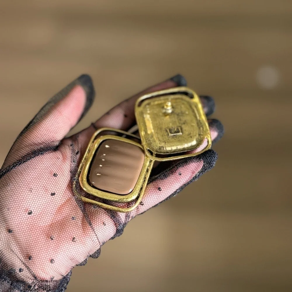 ✨ Bold Square Statement Earrings – Gold & Brown Retro Style